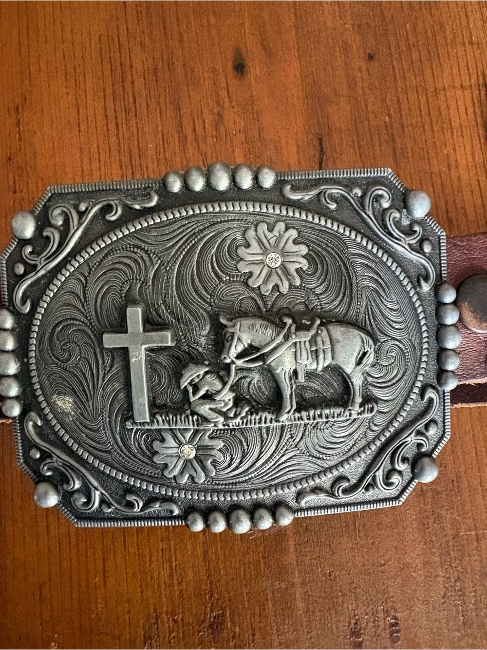 F & L Classic Cowboy Kneeling Prayer Horse SilverBuckle Leather Belt Sz 32